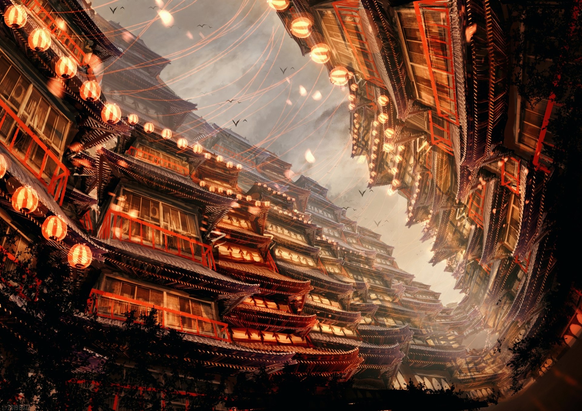 Anime original 4K Ultra HD PC desktop wallpaper: lantern-lit tiered buildings curve into a canyon, warm light, drifting petals and intricate architectural detail.
