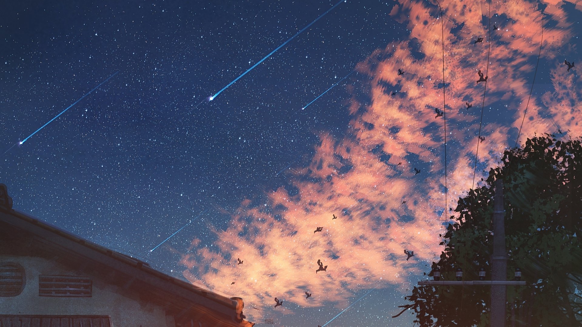A stunning HD desktop wallpaper featuring an anime-style starry sky with a shooting star, pink clouds, and silhouetted birds against the twilight. The scene is set next to a rooftop and silhouetted trees.
