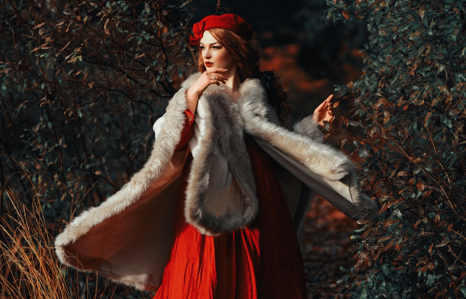 Download Coat Fur Red Dress Lipstick Hat Redhead Woman Model 4k Ultra HD Wallpaper by Jumeria Nox