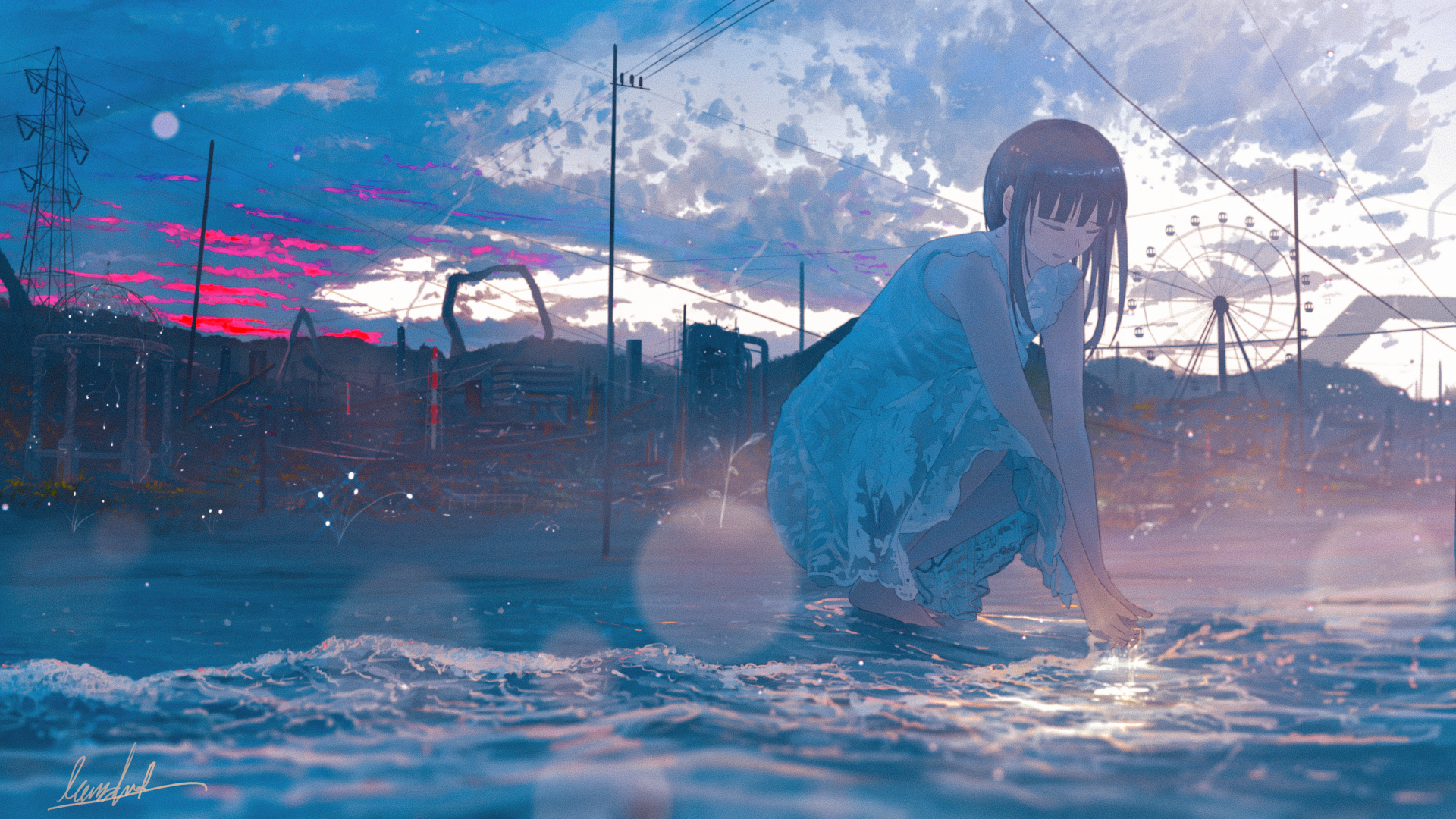 Anime-style seaside scene with a girl in a blue dress near the water. A ferris wheel and an amusement park are visible in the background. The setting sun casts a serene, enchanting light. HD desktop wallpaper.