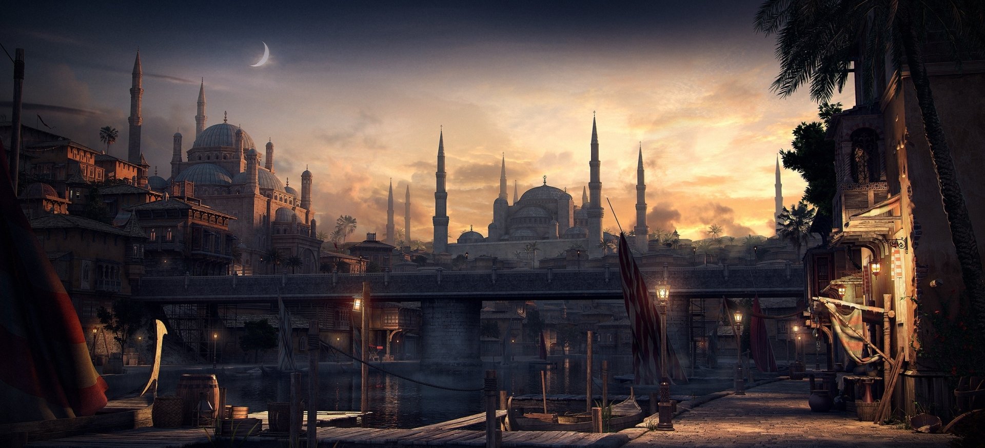 HD desktop wallpaper depicting a fantasy cityscape of Constantinople at sunset, featuring a prominent mosque with minarets, a bridge crossing a calm body of water, and a crescent moon in the sky.