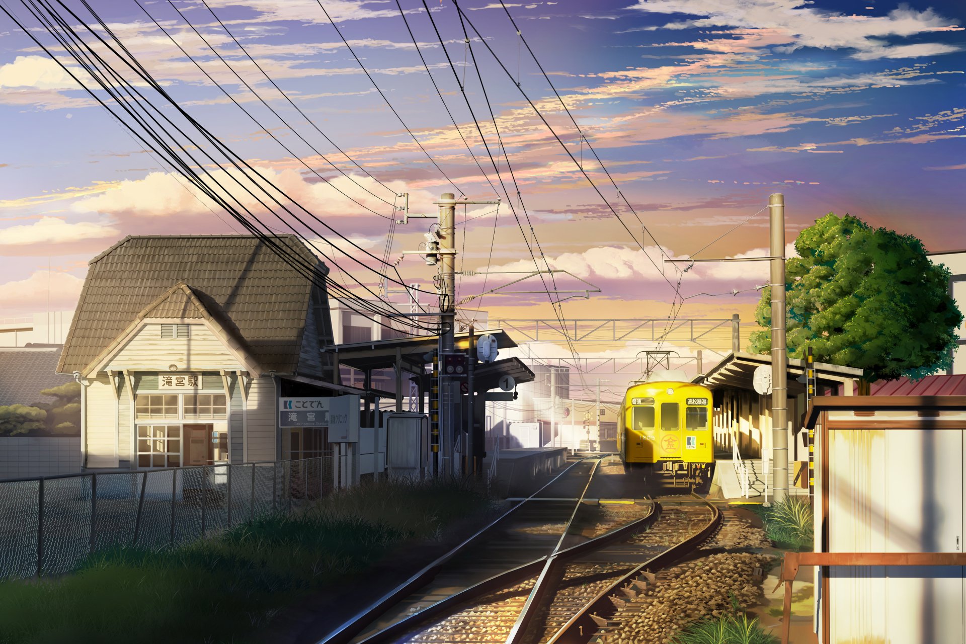 HD anime desktop wallpaper depicting a vibrant train station with a yellow train arriving under a colorful sky.