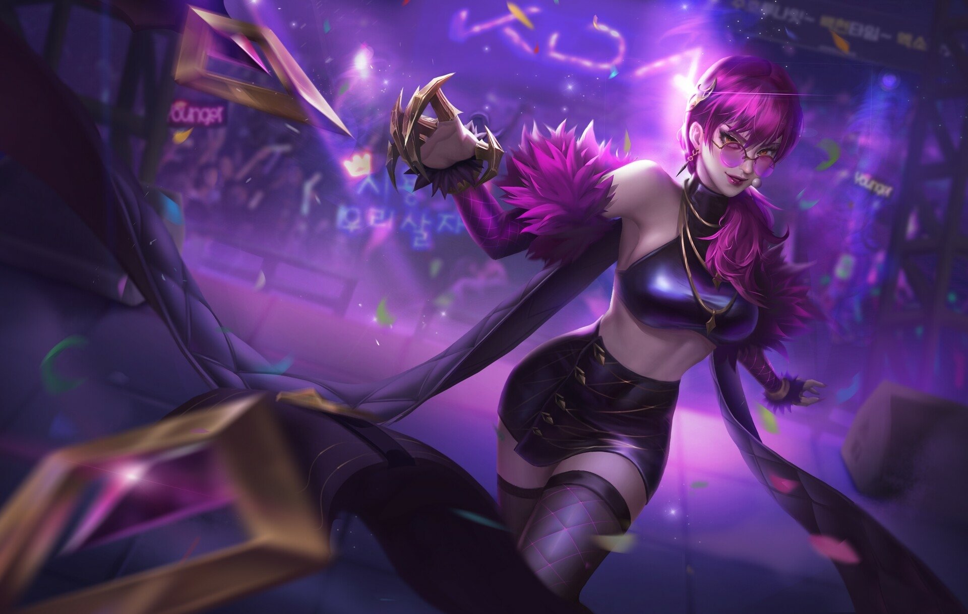 HD PC desktop wallpaper featuring Evelynn from League of Legends with purple hair, styled in her K/DA popstar outfit, set against a vibrant, neon-lit background.