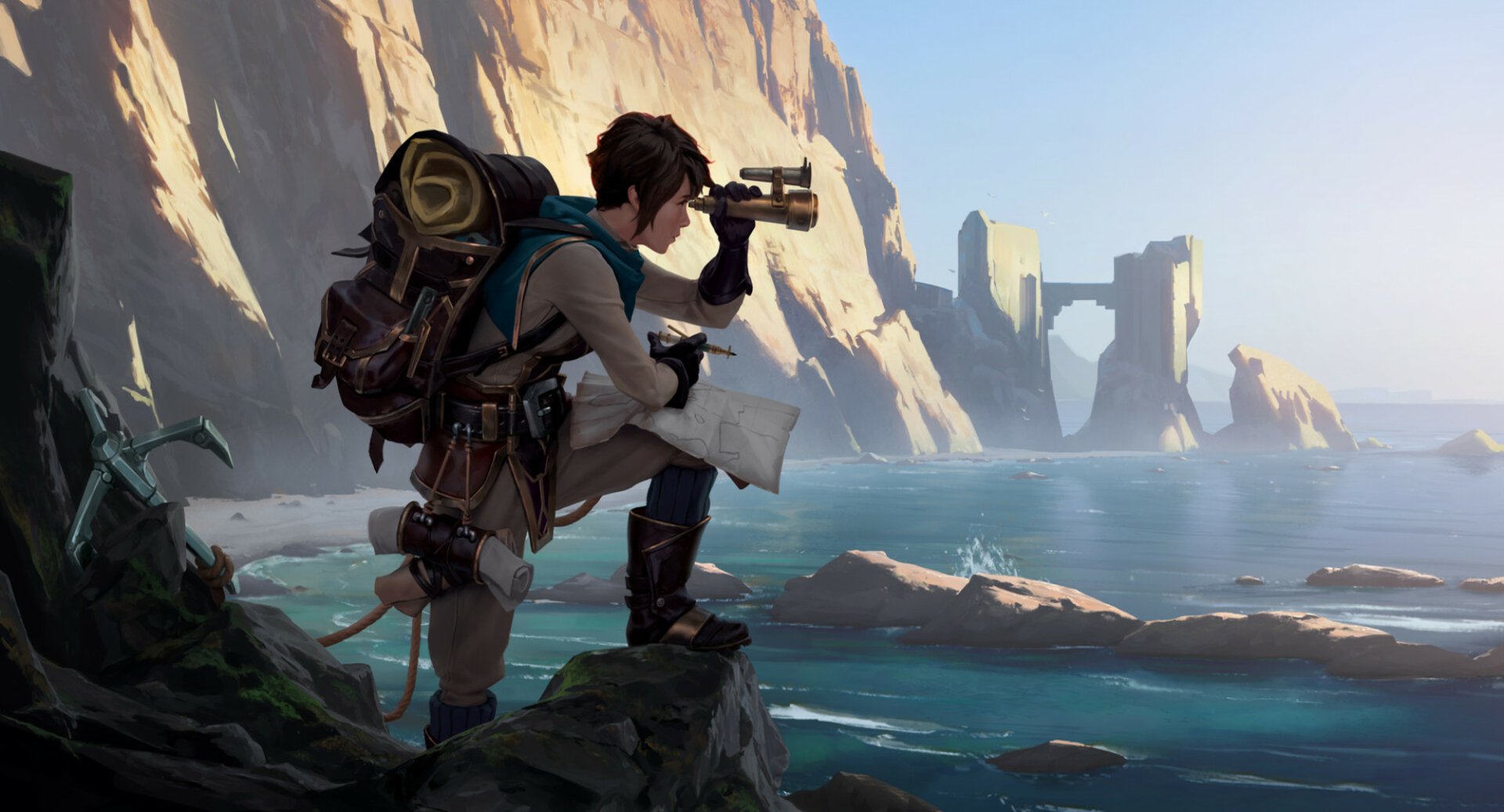 HD desktop wallpaper from the video game Legends of Runeterra featuring a character with a backpack scouting across a water-filled rocky landscape with distant cliffs and ruins.