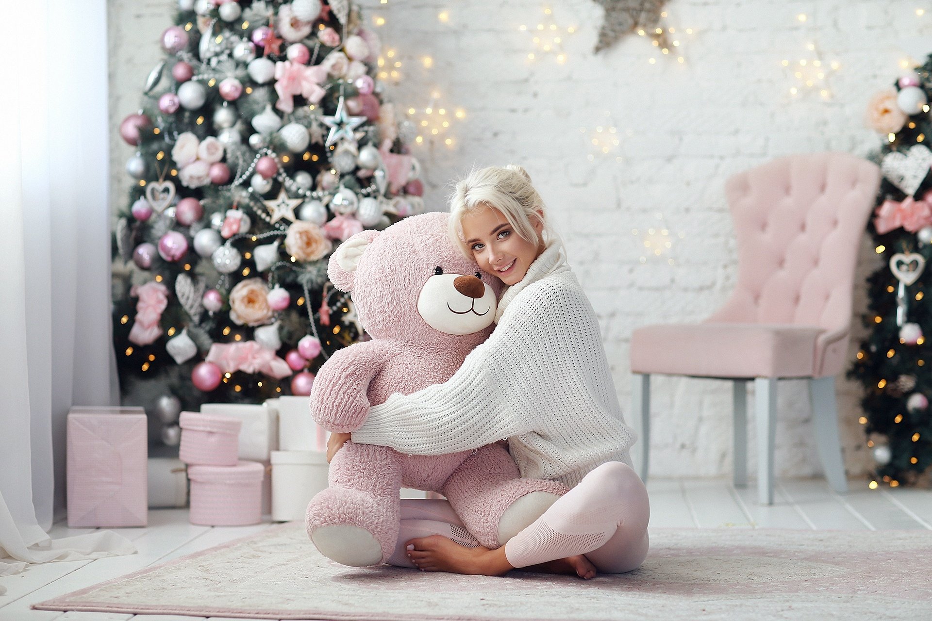 Download Blonde Christmas Teddy Bear Stuffed Animal Smile Woman Model HD Wallpaper by Dmitry Arhar