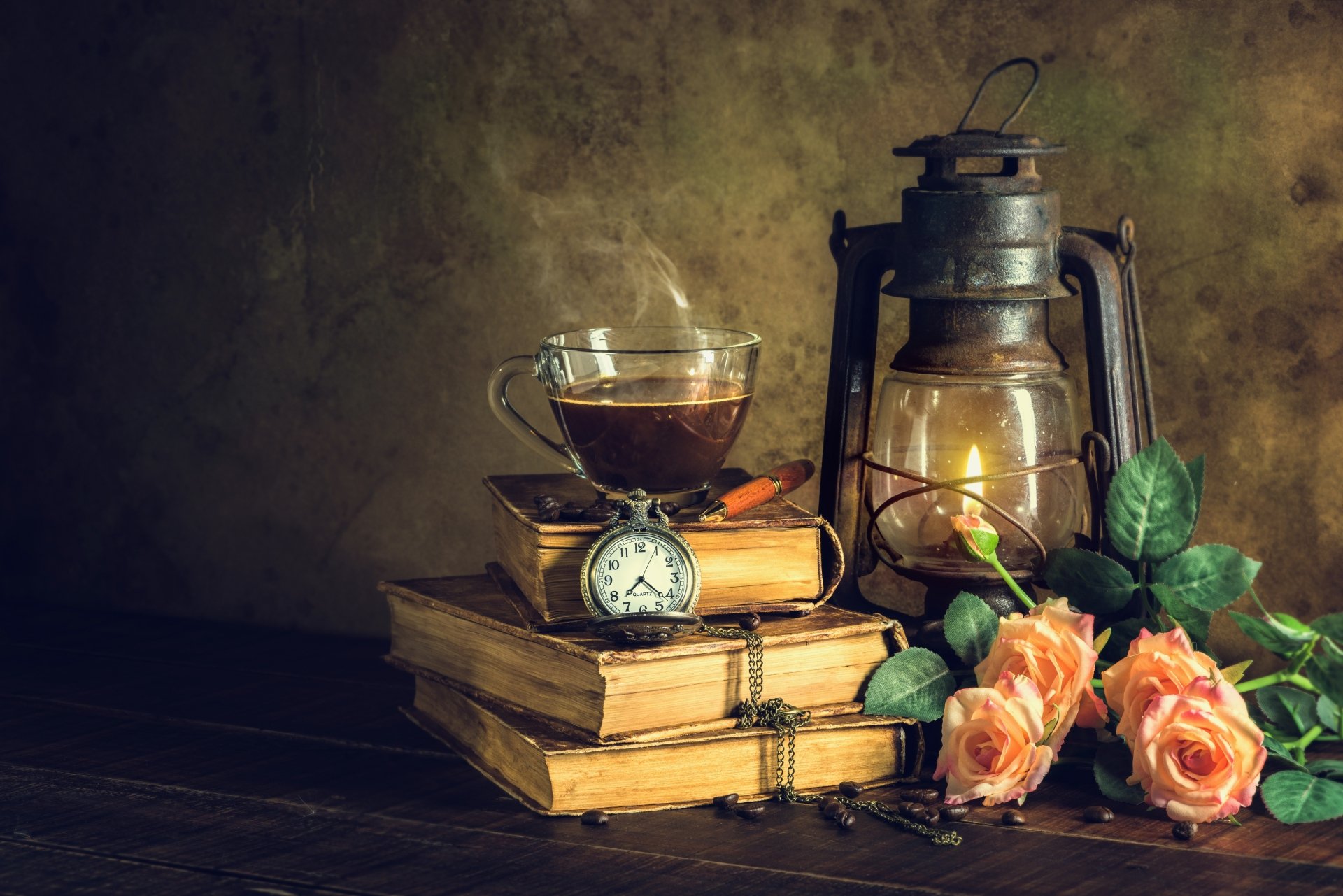 Download Pocket Watch Tea Book Lantern Rose Photography Still Life 4k