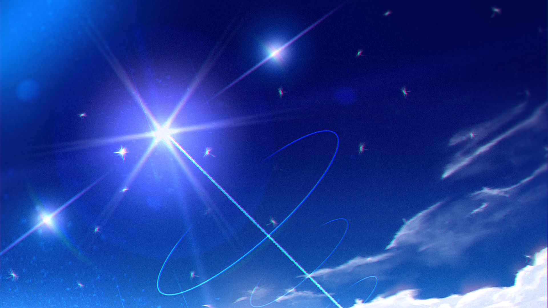 HD anime-style desktop wallpaper featuring a bright, shining star and a deep blue sky with soft clouds and subtle light trails.