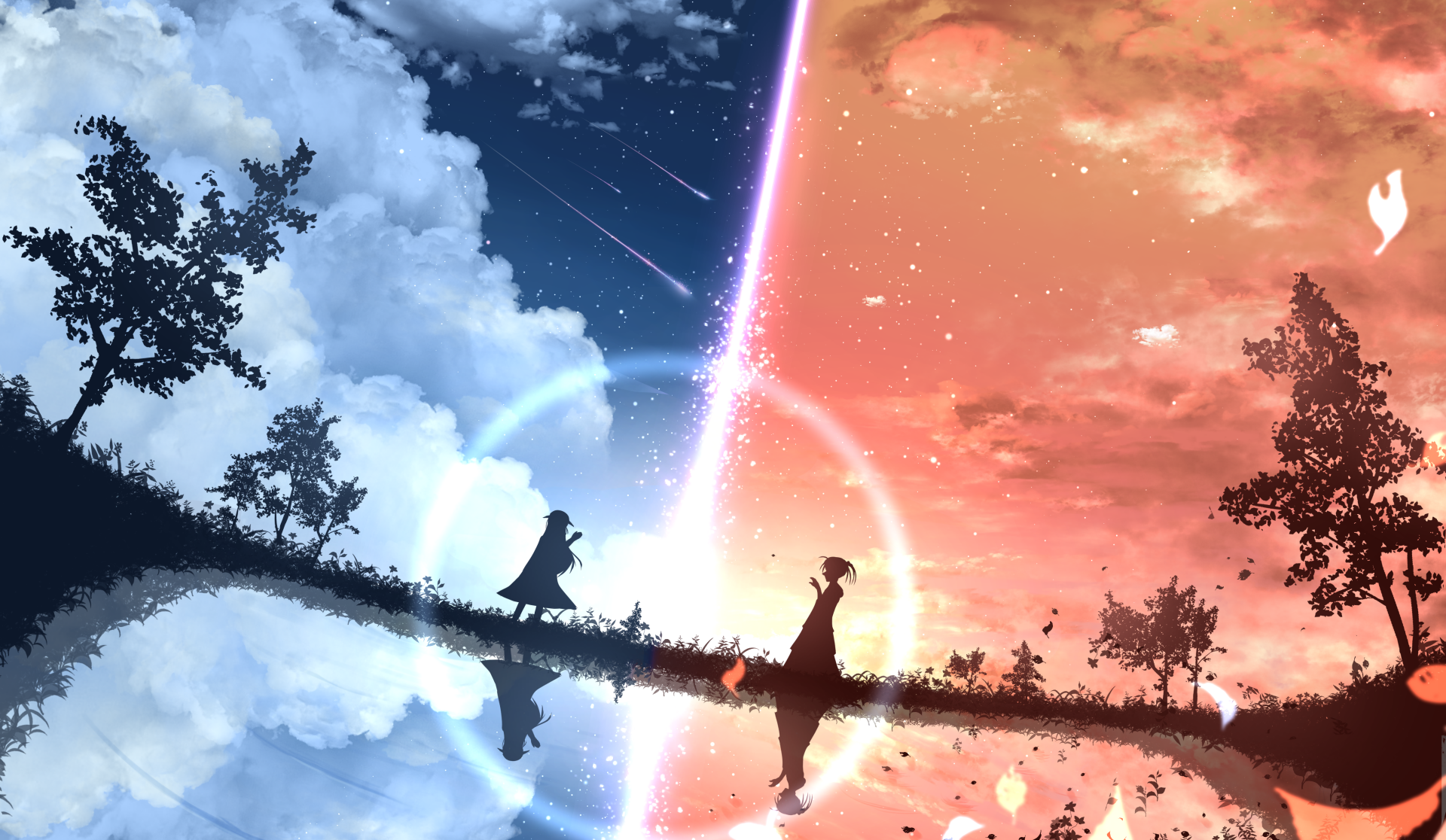 Anime depiction of day and night merging, with characters standing on a reflective surface during sunset. The HD wallpaper captures a serene and mystical atmosphere.