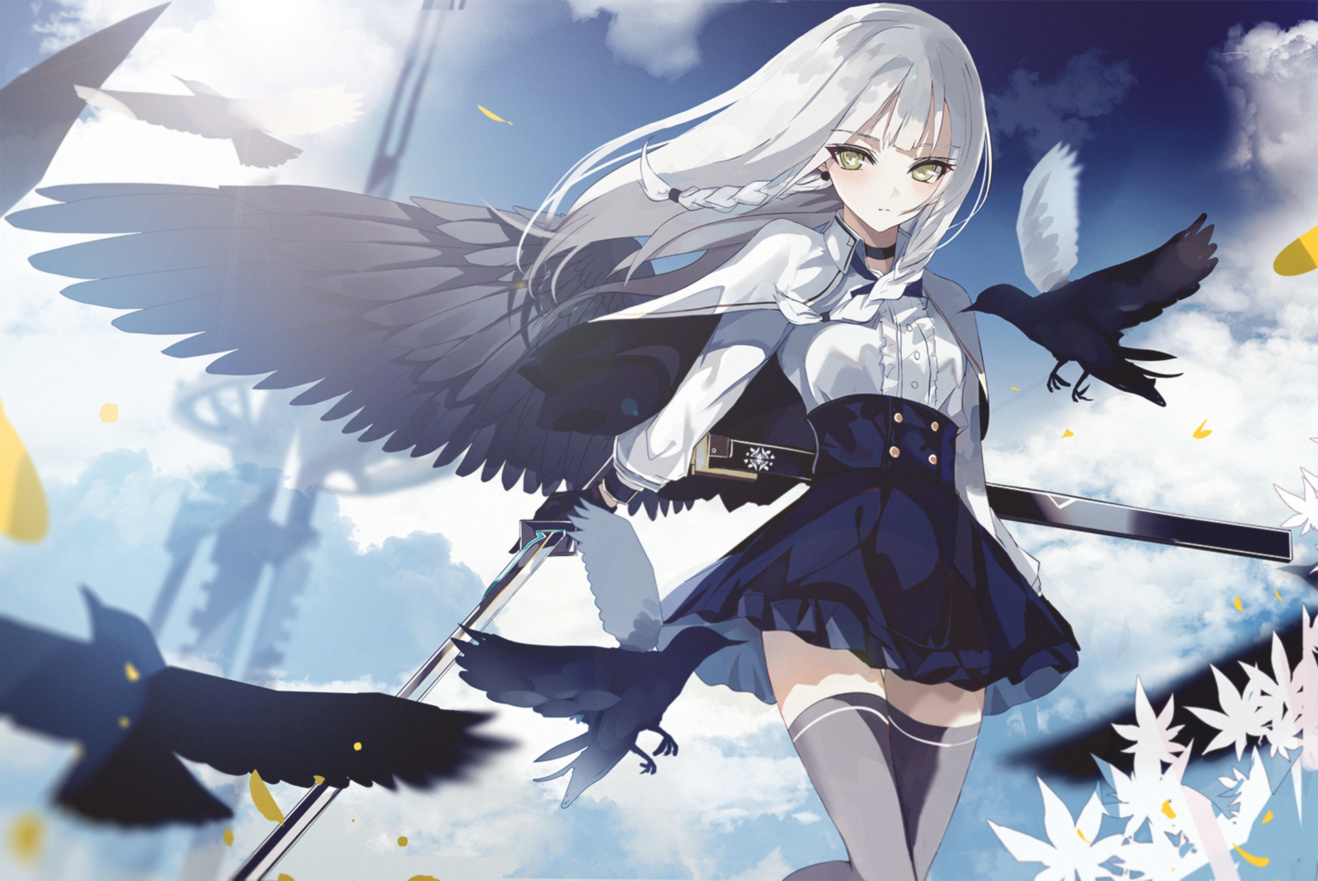 Anime-style character with white hair and large black wings, surrounded by black birds, set against a bright blue sky, designed as an HD PC desktop wallpaper.