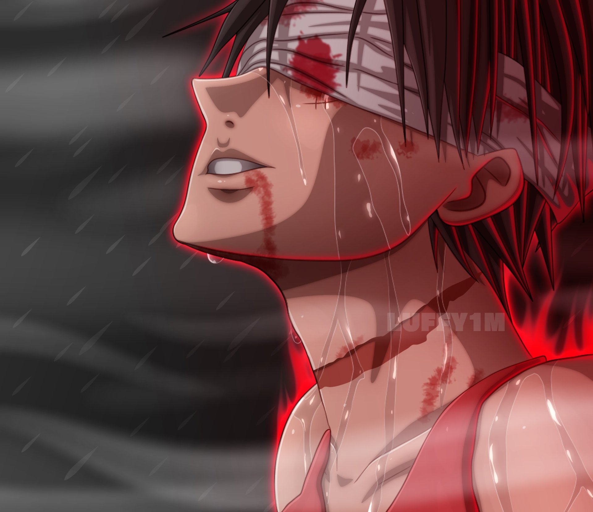 HD PC desktop wallpaper and background of Monkey D. Luffy (One Piece) — anime close-up profile in the rain, bandaged eye and blood with dramatic red backlight.