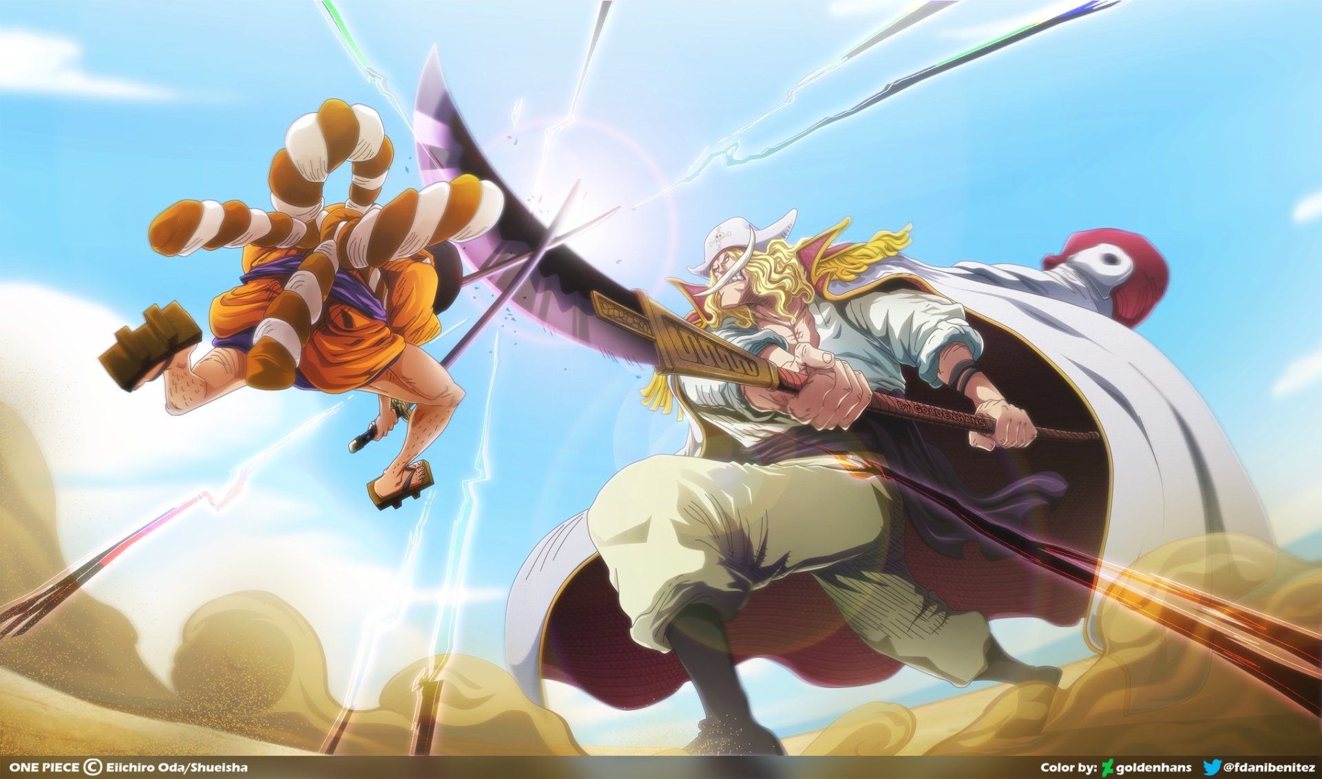 HD PC desktop wallpaper background — One Piece anime: Edward Newgate and Kozuki Oden clash in a dramatic, wind-swept sword battle.