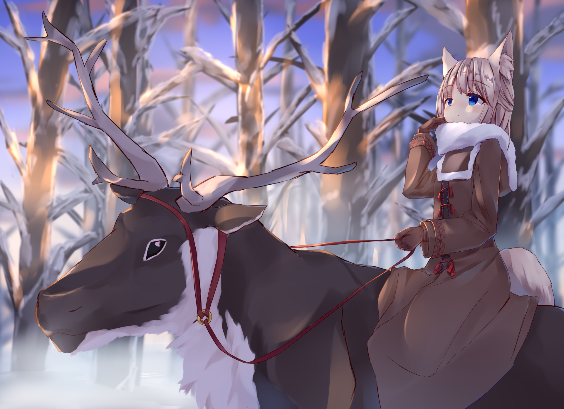 Anime-style original character with animal ears, dressed in winter attire, riding a large reindeer through a snowy forest, presented in 4K Ultra HD PC desktop wallpaper quality.