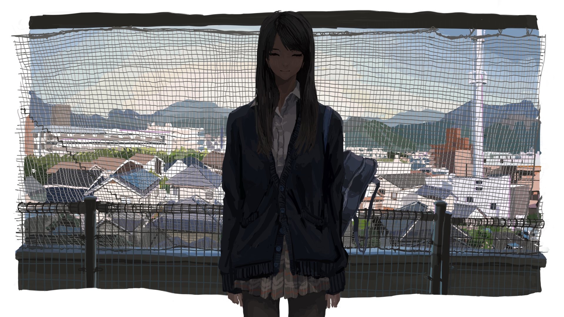 A serene anime-style image featuring a smiling character standing against a backdrop of a cityscape, suitable as a 4K Ultra HD desktop wallpaper.