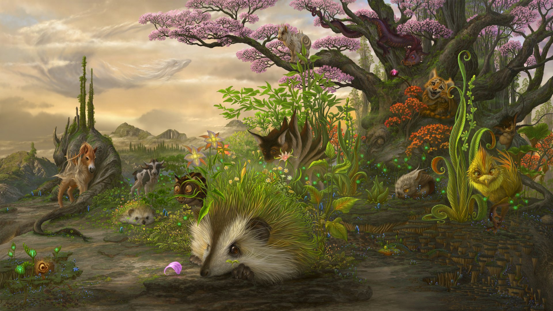 4K Ultra HD PC desktop wallpaper and background: a fantasy animal scene with whimsical, earth-peeking creatures amid glowing plants, twisted trees, colorful flowers and distant spires.