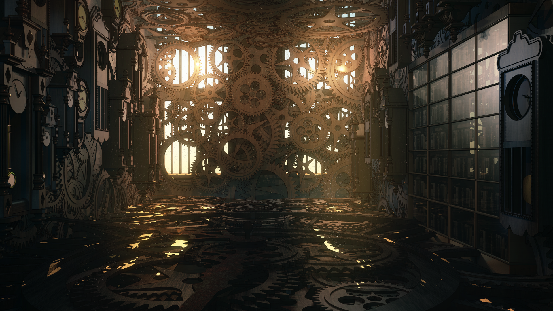 HD PC desktop wallpaper of an original anime room: a gear-filled steampunk chamber with towering cogs, warm backlight and reflective floor — anime room background.
