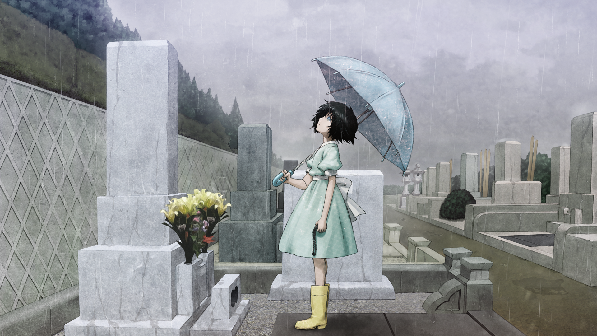 HD PC desktop wallpaper of Mayuri Shiina (Steins;Gate) — anime scene: she stands on a rainy cemetery rooftop in a mint dress and yellow boots, holding a clear umbrella beside a bouquet-topped grave.