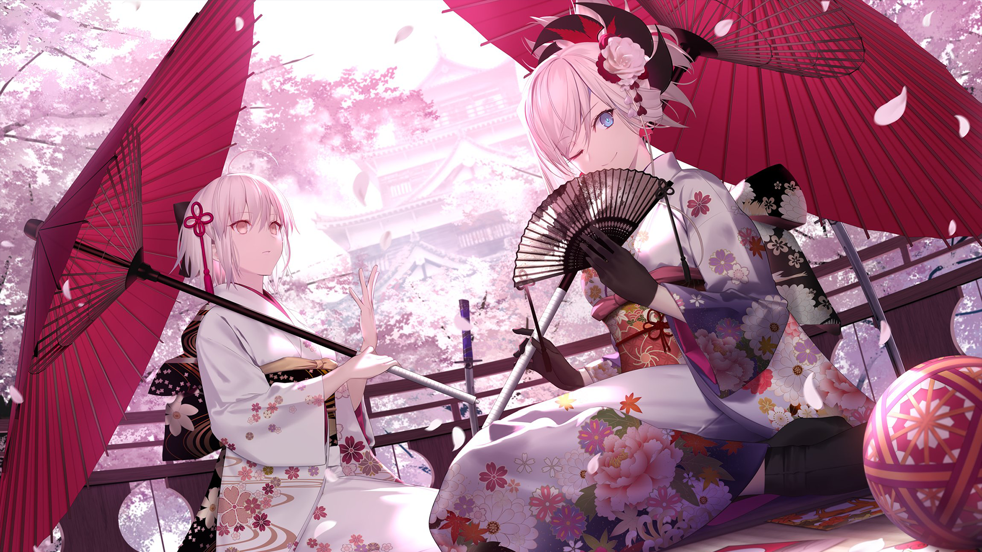 Anime characters Okita Souji and Miyamoto Musashi from Fate/Grand Order in yukata, sitting under cherry blossoms and red umbrellas, HD wallpaper.