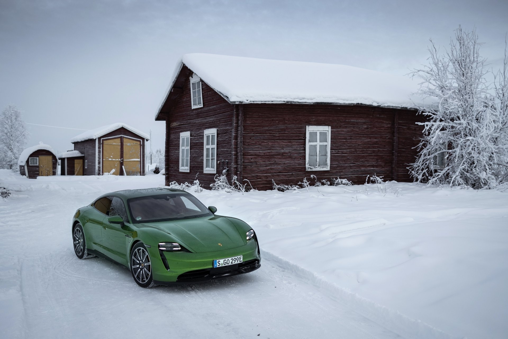 Download Green Car Winter Car Porsche Snow Vehicle Porsche Taycan 4S 4k Ultra HD Wallpaper