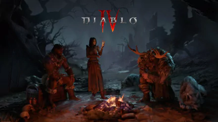 Diablo IV video game HD PC desktop wallpaper of three adventurers around a campfire in a ruined, moonlit forest with the Diablo IV logo above.