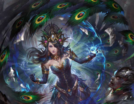A sorceress from the video game Legend of the Cryptids, with black hair, blue eyes, and an elaborate feather headdress, casting a glowing magical spell in HD detail.