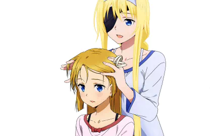 Selka Zuberg and Alice Zuberg from Sword Art Online: Alicization — anime 4K Ultra HD PC desktop wallpaper showing Alice (blonde, eyepatch) gently styling Selka's hair.
