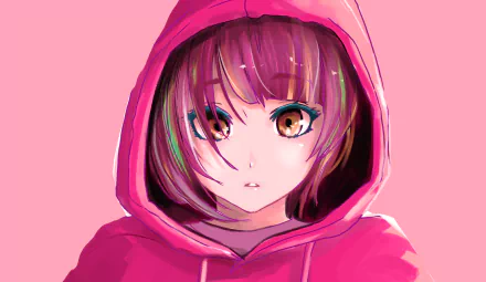 HD anime desktop wallpaper featuring an original character with brown eyes and pink hair, wearing a hooded sweatshirt against a soft pink background.