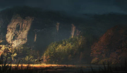 HD fantasy landscape wallpaper featuring a lone cowboy standing in a misty, rugged terrain with rocky cliffs and dense forest under a moody sky.