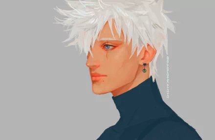 HD PC desktop wallpaper: stylized anime portrait of Kakashi Hatake (Naruto), white-haired side profile in a blue turtleneck with an earring against a soft gray background.