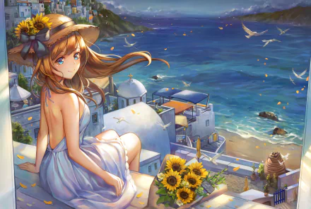 Anime girl with brown hair and blue eyes wearing a hat, sitting by a seaside town with flowers and birds in the background. The image is a HD desktop wallpaper and background.