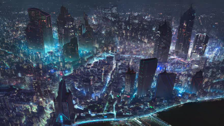 A sprawling sci-fi cityscape at night with glowing blue and purple lights, rendered in 4K Ultra HD for a vivid, futuristic PC desktop wallpaper background.