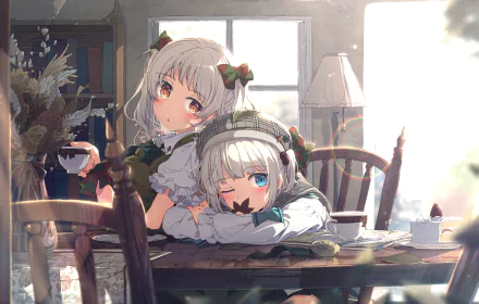 Anime HD wallpaper featuring two girls with white hair, one with brown eyes and the other with blue eyes, in a cozy, sunlit room with a tea set and books in the background.