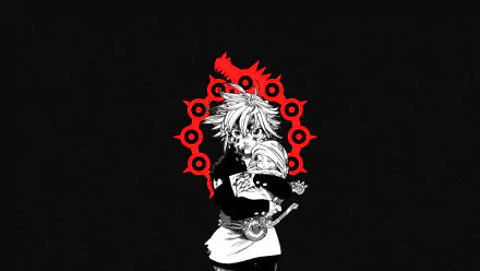 Anime character Meliodas from The Seven Deadly Sins is featured in a striking 8K Ultra HD wallpaper, set against a bold black background with red accents.