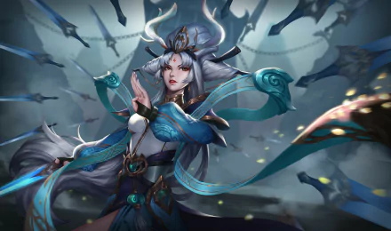 HD fantasy desktop wallpaper featuring a fierce woman warrior adorned with horned headgear and flowing blue garments, set against a mystical, shadowy backdrop.