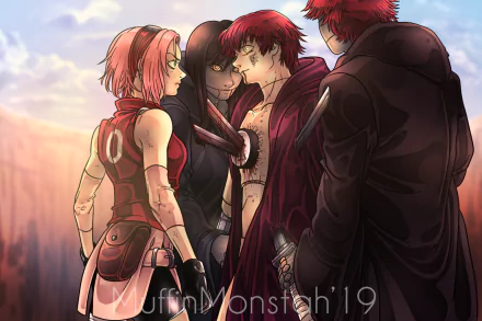 HD anime wallpaper featuring Sakura Haruno with Sasori, Sasori’s Father, and Sasori’s Mother from Naruto, set against a dramatic sunset background.