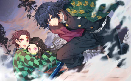 HD anime desktop wallpaper featuring Giyuu Tomioka, Nezuko Kamado, and Tanjiro Kamado from Demon Slayer: Kimetsu no Yaiba in a dynamic, action-packed scene.