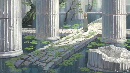 Anime-style original HD desktop wallpaper depicting a serene scene with ancient stone pillars, water lilies, and a lone figure walking along a weathered stone path.