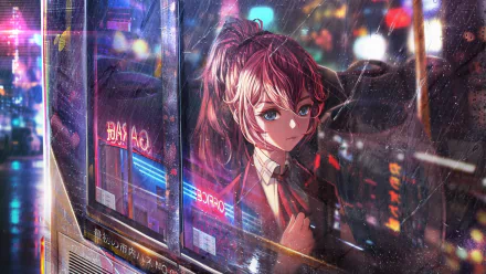 An anime girl with long hair and blue eyes wearing a school uniform stands inside a bus, with colorful city lights reflecting through the rain-speckled window. HD desktop wallpaper.