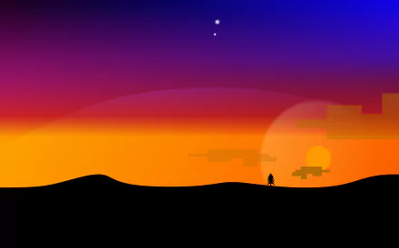 Artistic HD desktop wallpaper featuring a vibrant sunset with a large sun near the horizon and a small silhouetted figure against a gradient sky.