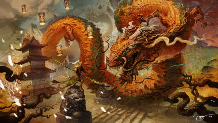 A fantasy warrior battles a massive Chinese dragon near a pagoda, surrounded by floating lanterns in an epic, HD PC desktop wallpaper scene.