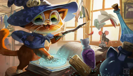 HD PC desktop wallpaper background of a whimsical wizard cat (fantasy animal) casting glowing magic over an open grimoire in a cozy, sunlit workshop — charming fantasy animal illustration.