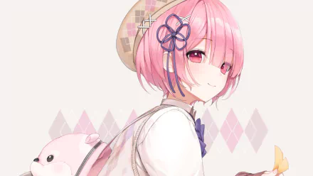 HD PC desktop wallpaper of Ram (Re:ZERO) from the anime Re:Zero - Starting Life in Another World: pink-haired maid with ribbon and soft smile against a pastel geometric background.