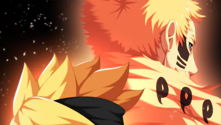 HD PC wallpaper of Naruto Uzumaki in Kurama-infused Boruto-era form, anime-style portrait with glowing chakra, whisker marks and cloak against a starry background.