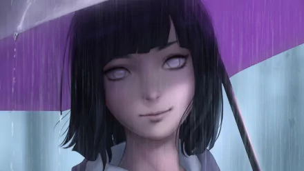 HD PC desktop wallpaper featuring Hinata Hyuga from the anime Boruto, standing in the rain with a subtle smile and holding a purple umbrella.