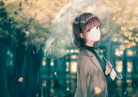 An anime character with short black hair and purple eyes stands under a transparent umbrella on a rainy fall day. The scene is set against a backdrop of autumn leaves and softly lit buildings.