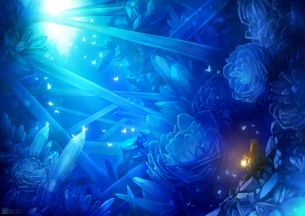 Original blue anime HD PC desktop wallpaper: a glowing crystal cavern of blue roses and faceted shards, a small lamp casting warm light amid sparkling motes.