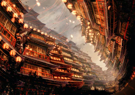 Anime original 4K Ultra HD PC desktop wallpaper: lantern-lit tiered buildings curve into a canyon, warm light, drifting petals and intricate architectural detail.