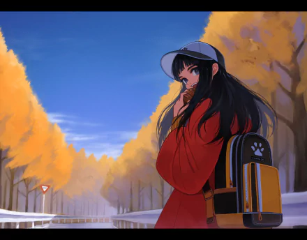 backpack hat black hair road Anime Original HD Desktop Wallpaper | Background Image