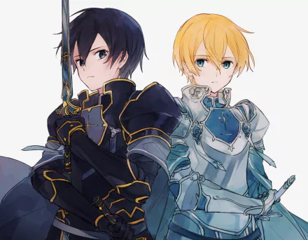 HD desktop wallpaper featuring Kirito with black hair and dark armor and Eugeo with blonde hair and light armor from Sword Art Online: Alicization anime, exuding a captivating and striking presence.