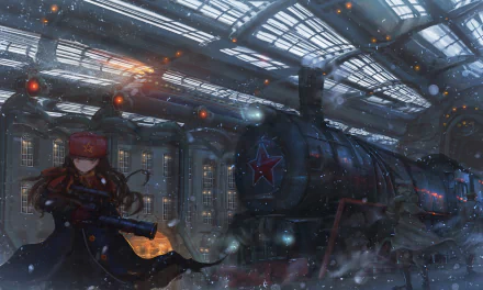 HD anime PC desktop wallpaper featuring a dark, atmospheric train station with a steam locomotive and an anime character holding a weapon inside.