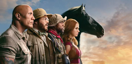 4K Ultra HD wallpaper featuring Jack Black, Kevin Hart, Dwayne Johnson, and Karen Gillan from the movie Jumanji: The Next Level, standing beside a black horse at sunset.